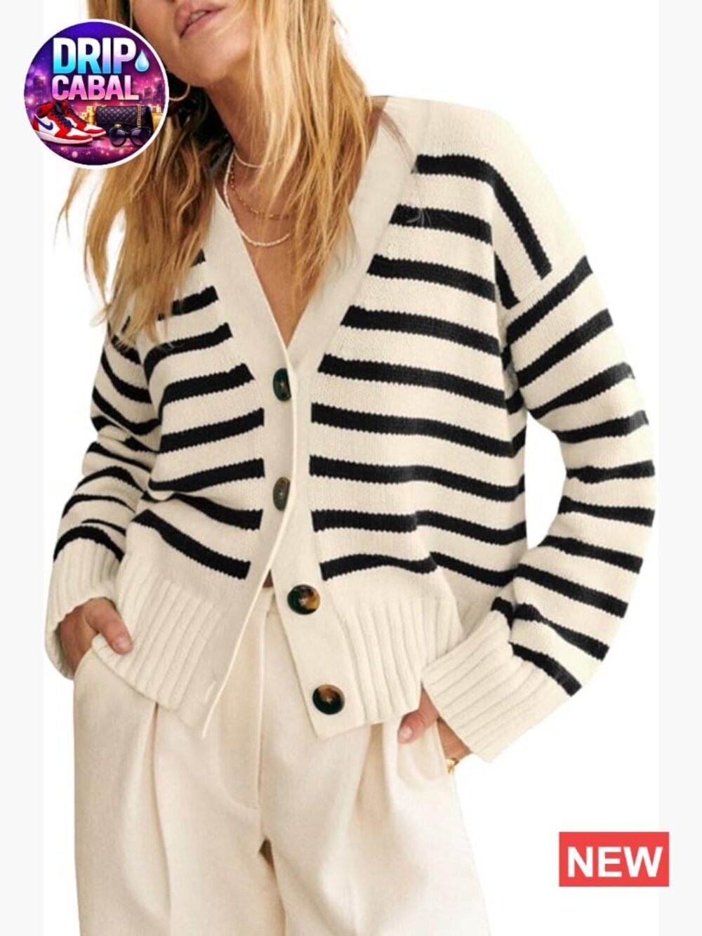 Striped V-Neck Button Down Long Sleeve Open Front Ribbed Knit Cardigan Sweater